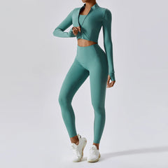 Person wearing a teal athletic outfit front view