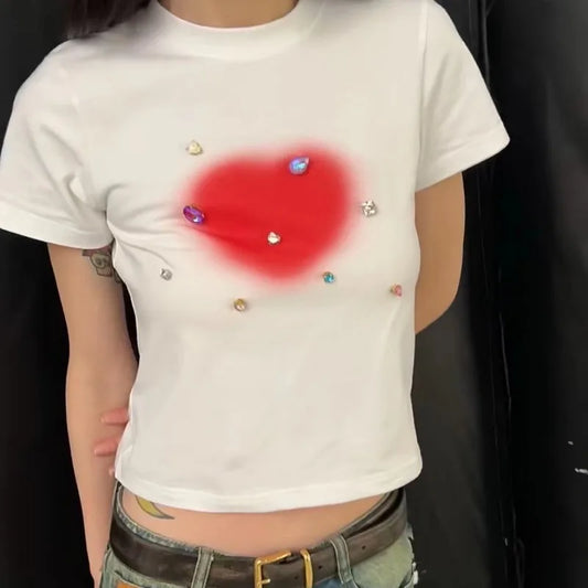 White Love Shape Print Crop Top