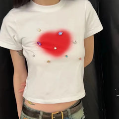White Love Shape Print Crop Top