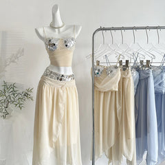 Rhinestone Patchwork Mesh Crop Top And Midi Skirt Set