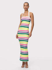 Halter Neck Colorful Striped Bandage Midi Dress