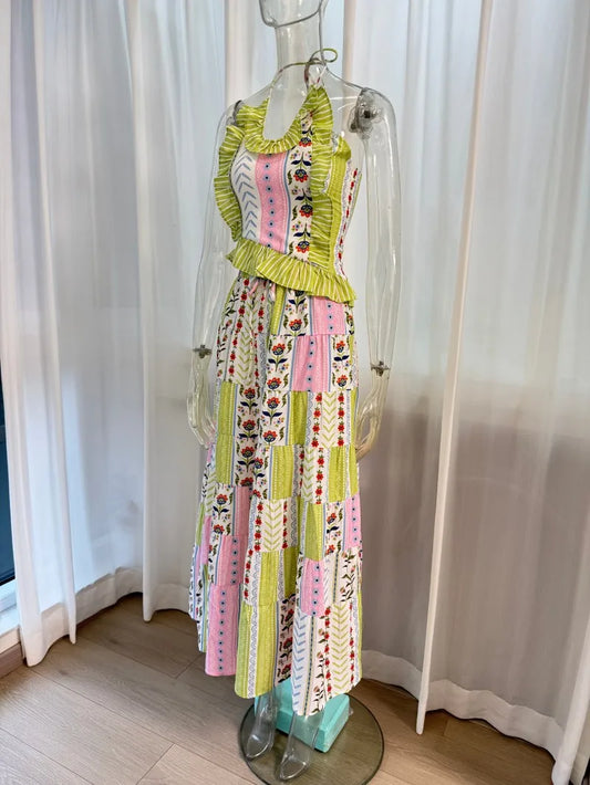 Halter Keyhole Ruffle  Floral Patchwork Print Maxi Dress