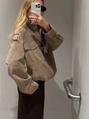 Brown Suede Zipper Cropped Jacket