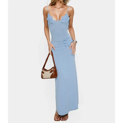 Blue Knit  3D Flower Decor Maxi Dress
