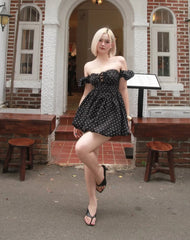 Black Polka Dot Off-Shoulder Puff Sleeve A-Line Mini Dress