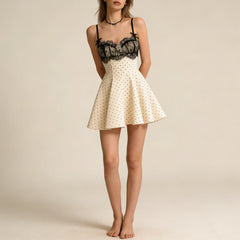 Spaghetti Strap Lace Trim Polka Dot Flared Mini Dress