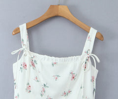 White Floral Print Bow Strap Chiffon Mini Dress