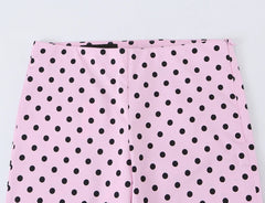 Pink Polka Dot Short Puff Sleeve Cropped Jacket And Capri Pants Set