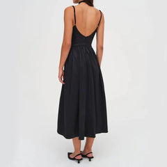 Black Satin Pleated Strap Midi Dress