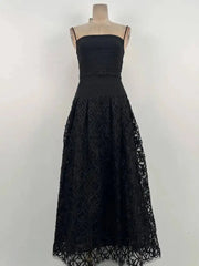 Black Pleated Strappy Mesh Hem Maxi Dress