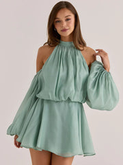 Cyan High Neck Cut Out Puff Long Sleeve Mini Dress