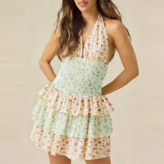 Floral Print Halter Smocked Tiered Mini Dress