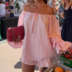 Plaid Off Shoulder Tops And Ruffle Shorts Set