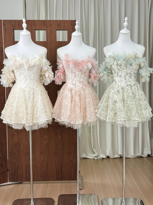 3D Floral Slash Neckline Embroidered Mini Dress