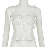 Lace Strap Folds Buttons White Square Collar Camisole Top