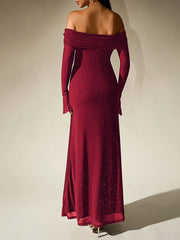 Off-Shoulder Flared Long Sleeve Sequined Maxi Dress