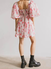 Floral Print Short Puff Sleeve Mesh Layered Babydoll Short Dress