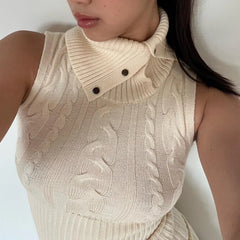 Knit Turtleneck Buttoned Tank Top With Removable Sleeve