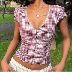 Red Gingham Puff Sleeve Button Back Tie Blouse