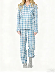 Plaid Print Long Sleeve Button Down Tops And Elastic Waist Pants Christmas Pajama Set
