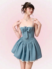 Blue Flower Applique Polka Dot Boned Corset Ruffle Mini Dress