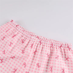 Pink Plaid Bow Three Piece Shirt Bralette And Shorts Pajama Set