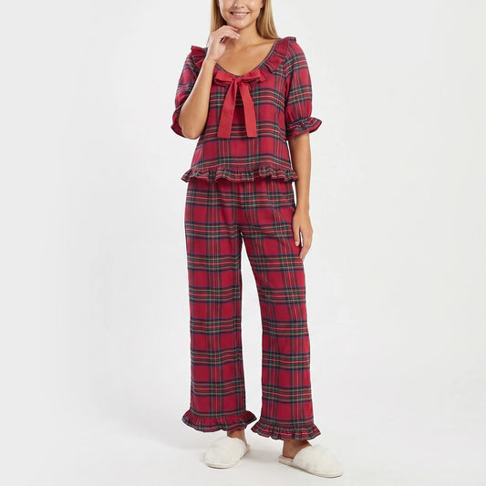 Red Tartan Plaid Ruffle Bow Puff Sleeve Top And Long Pants Pajama Set