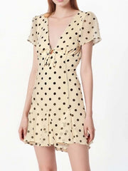Short Sleeve Polka Dot Bow-Tied V-Neck Mini Dress
