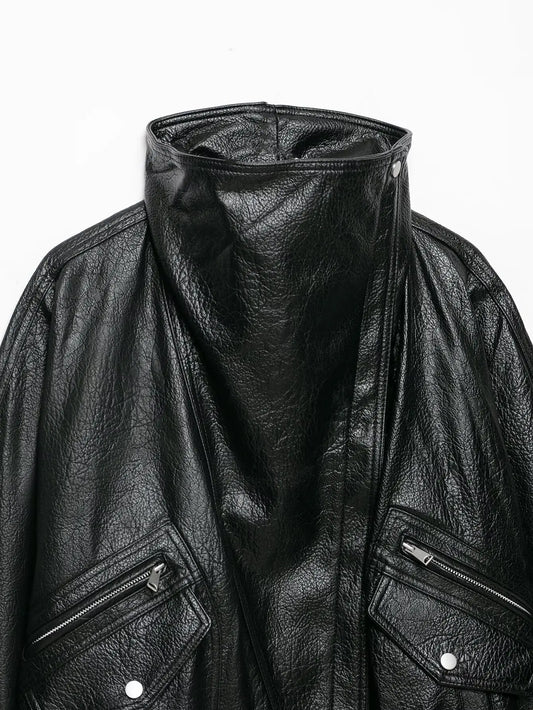 Black Faux Leather High Neck Zipper Biker Jacket