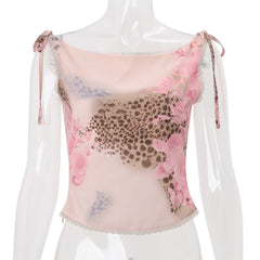 Pink Flower Print Lace-up Off-Shoulder Top