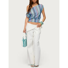Off One Shoulder Striped Sheer Cinched Waist Top