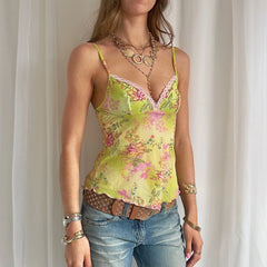 Green Floral V-Neck Lace Trim Tank Top