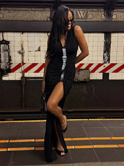 Black Metal Buckle Belt Maxi Dress