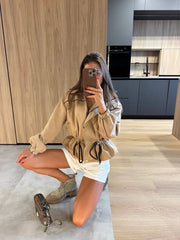 High Neck Snap Button Drawstring Crop Jacket