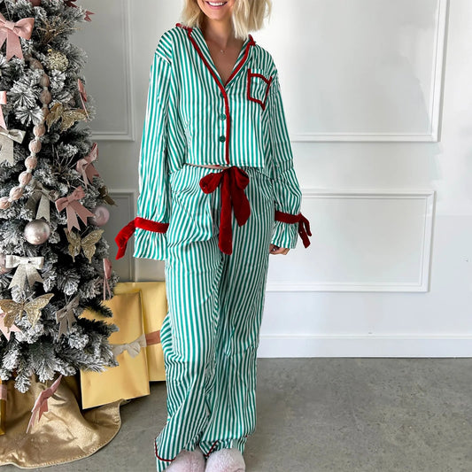 Striped Print Long Sleeve Button-up Shirts And Long Pant Pajama Set
