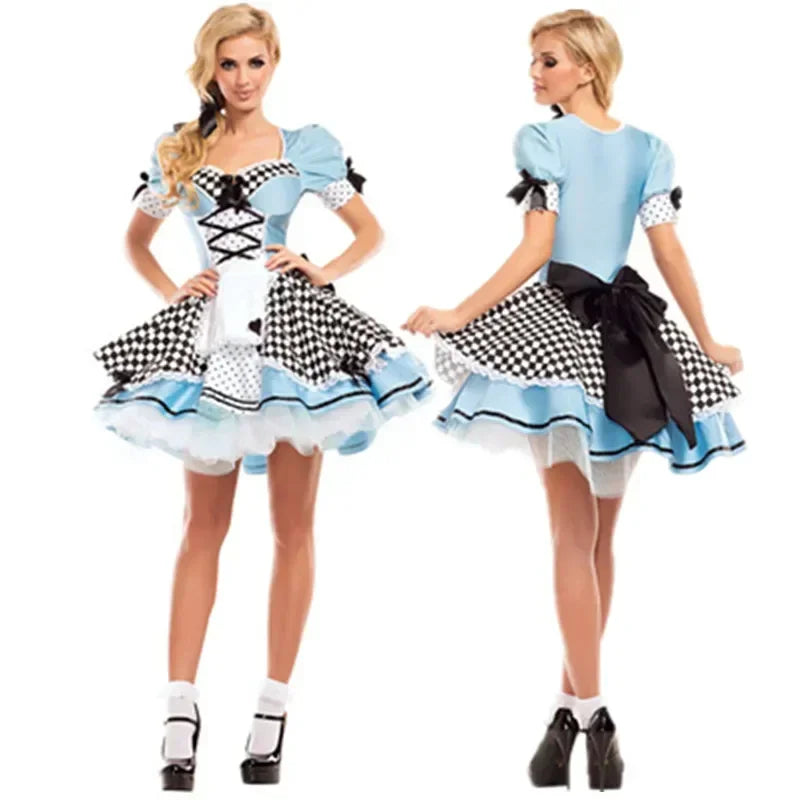 “Alice cosplay blue plaid lace-up mini dress”