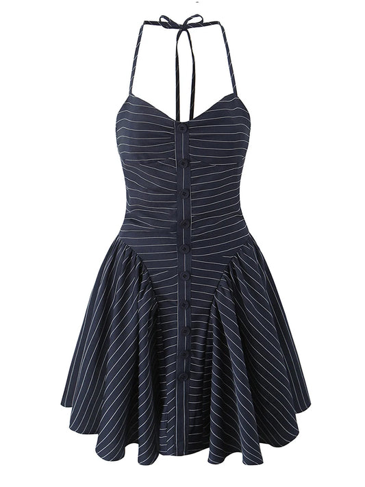 Blue Striped Halter Neck Short Dress
