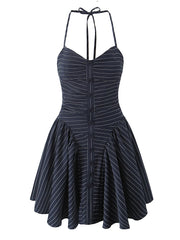 Blue Striped Halter Neck Short Dress