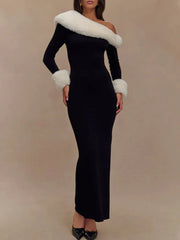 Off-shoulder Black Fur Trim Long Sleeve Maxi Bodycon Dress Free From Label