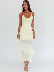 Spaghetti Strap 3D Rose V Neck Ruffle Maxi Dress