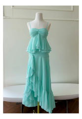 Green Babydoll Tube Crop Top And Ruffle Midi Skirt Set