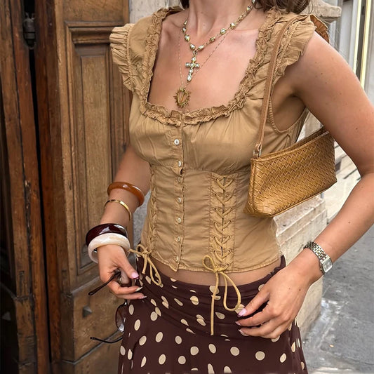 Brown Lace Up Short Sleeve Buttoned Top