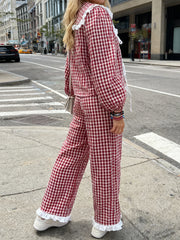Red Plaid Long Sleeve Doll Collar Tie Up Top And  Wide Leg Pants Sets