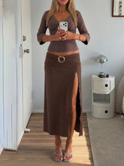 Brown Belted Slit Midi Skirt