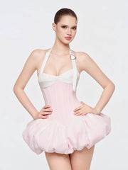 Pink Halter Neck Belted Strap Puff Hem Corset Mini Dress