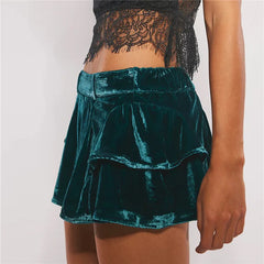 Velvet Tiered Ruffle Mini Skirt