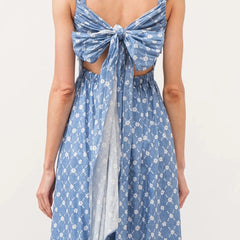 Blue Floral Print Square Neck Frill Tie Up Midi Dress