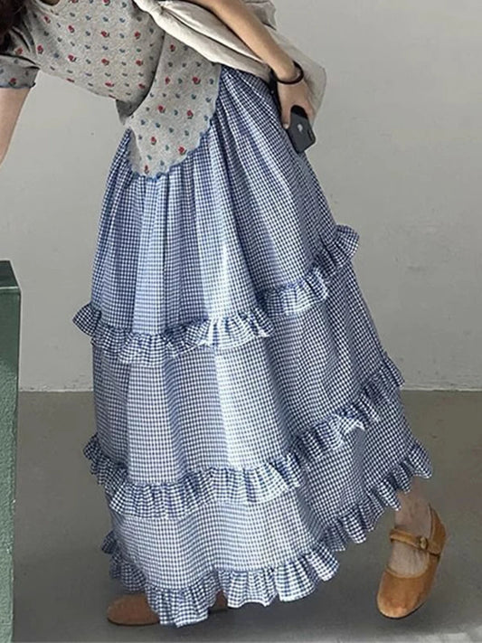 Women's blue ruffles plaid long skirt with A-line silhouette.

