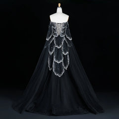Off-Shoulder Tulle Sequin Flower Petal Embroidered Gown