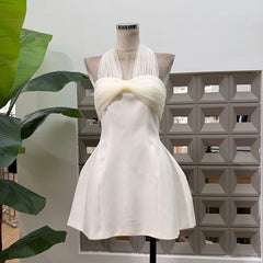 White Tulle Bow Neckline Halter Mini Dress